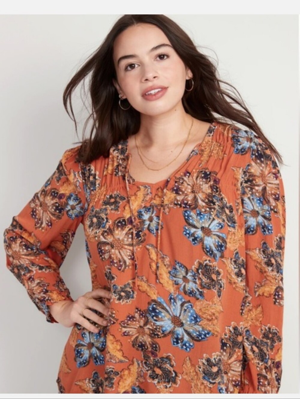 Rayon Dark Orange Floral Front Tie Keyhole Long Sleeve Blouse